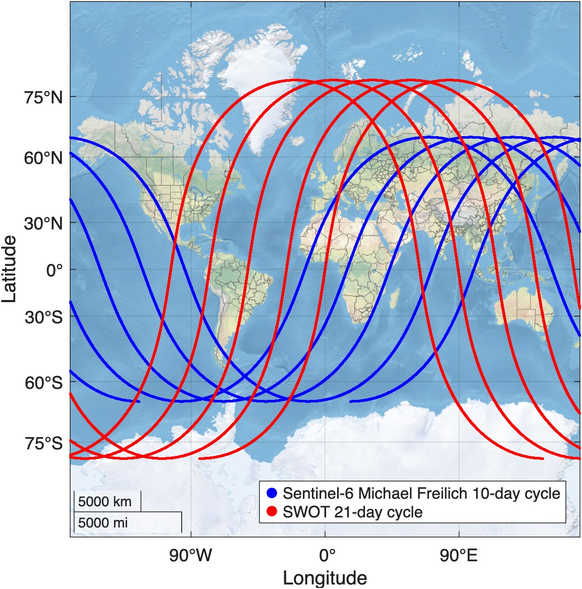 Ground tracks of two satellites for 5 orbital periods