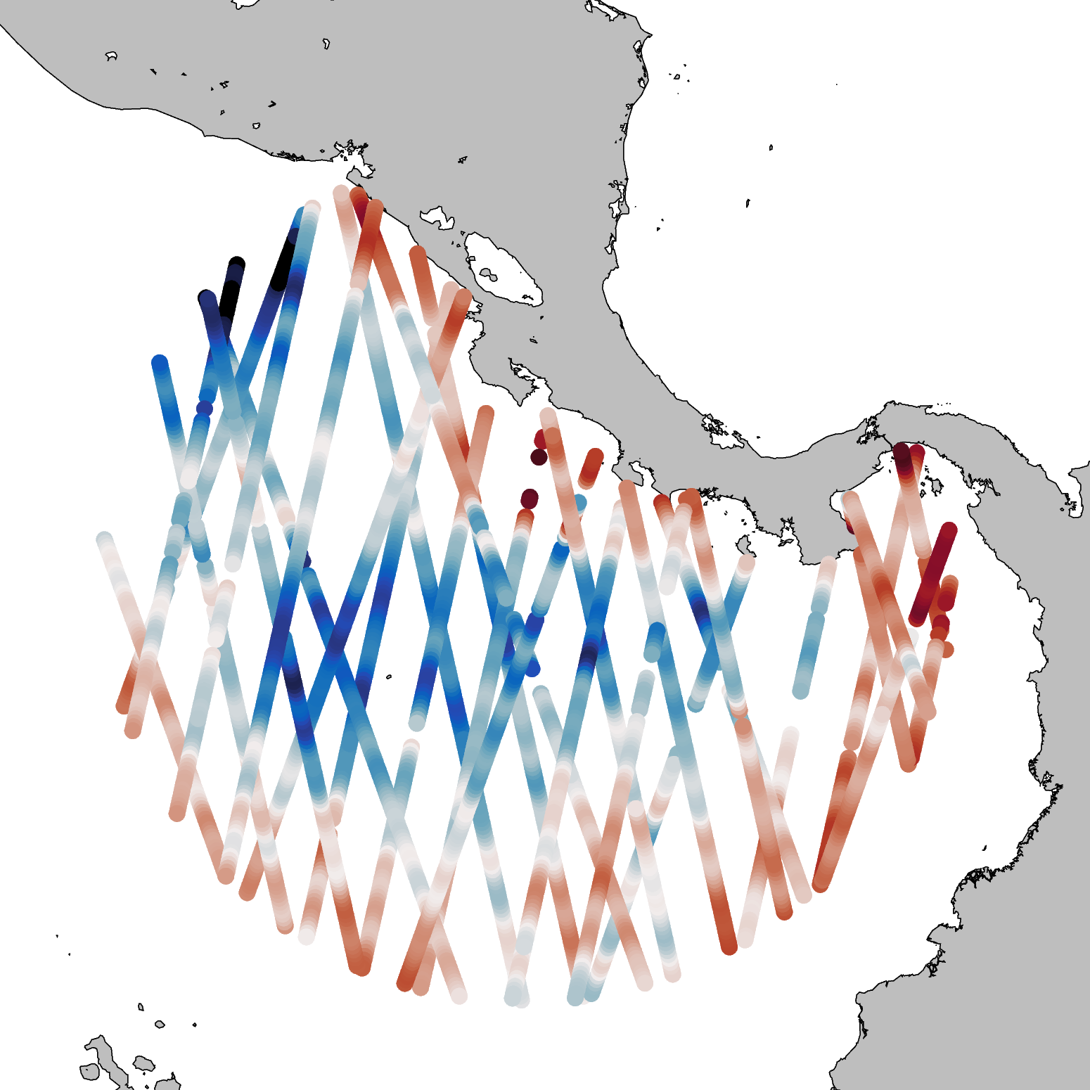 A coastal map near Panama with intersecting satellite tracks shown in blue, white, and red.